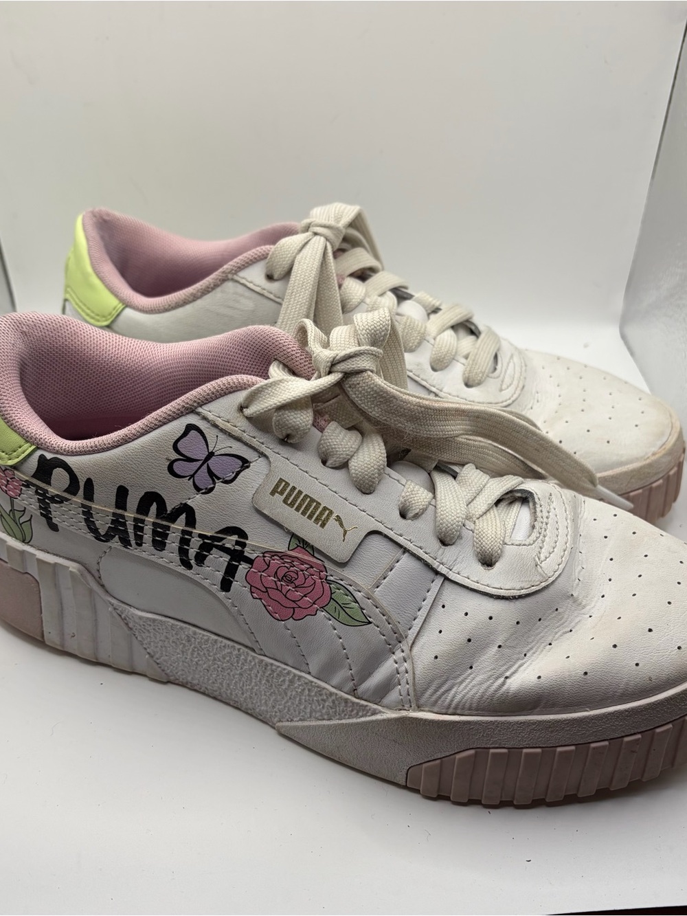 Puma White Leather Sneakers with Pink & Lime Accents